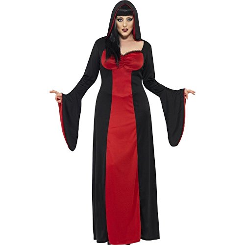 Woman in a long, black and red hooded costume, full length.