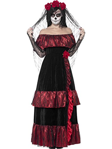 Day of the Dead bride costume with black dress and red roses.