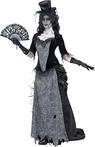 "Image of a woman in a black and gray Victorian-style widow's costume, holding a fan."