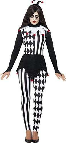A woman wearing a black, white, and red jester costume with a matching headband.