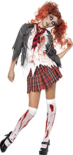 A woman dressed as a bloody zombie schoolgirl in a tattered uniform costume.