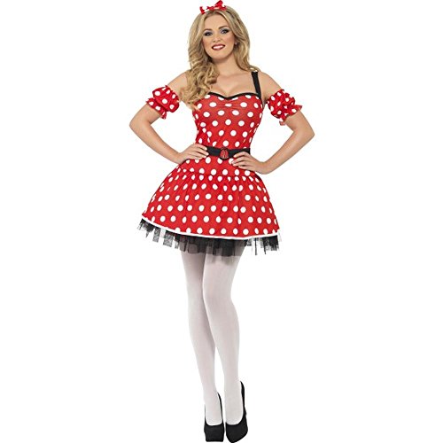 Woman in a red and white polka dot Madame Mouse costume.