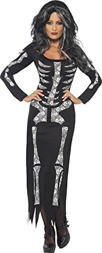 Woman in long-sleeved black skeleton costume with silver bone detailing.