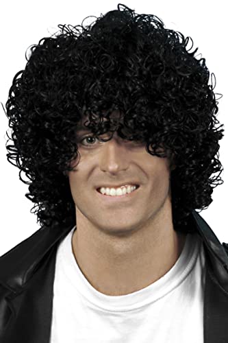 Man wearing a large, curly, black afro wig.