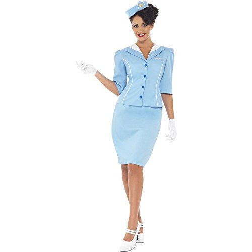 Woman wearing a light blue retro air hostess costume with white gloves.