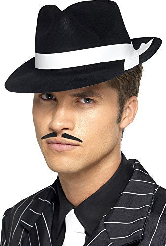 "Man wearing a black fedora hat with a white ribbon band."