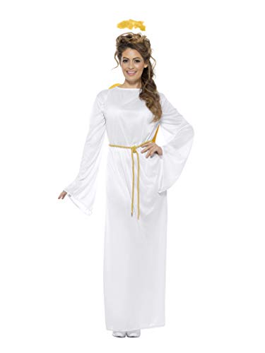 Person wearing a long white angel costume with a gold belt and halo.
