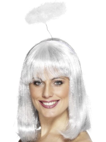 White feathered halo headband with a thin, flexible wire and white fabric headband.