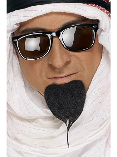 Man wearing sunglasses and a black pointed beard costume.