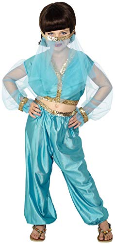 Child wearing a turquoise Arabian princess costume with gold trim.
