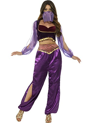 A woman wears a purple belly dancer costume with a sheer purple face mask.
