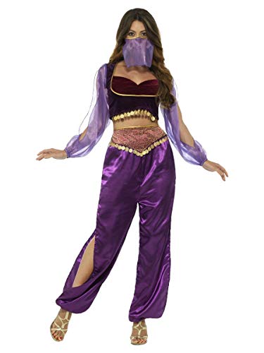 Woman wearing a purple Arabian princess costume with a veil, top, and harem pants.