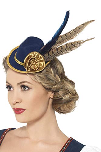 Blue mini Bavarian hat with gold trim and feather plume on a model.