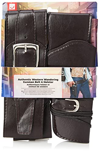 Brown faux leather western gun belt and holster set in retail packaging.