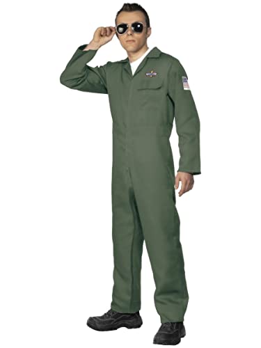 Man wearing a green aviator jumpsuit and sunglasses.