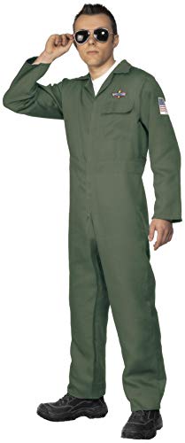Man wearing a green aviator jumpsuit and sunglasses.