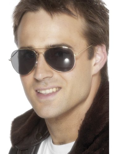 "Gold aviator sunglasses with grey lenses and black rubberised temple tips."
