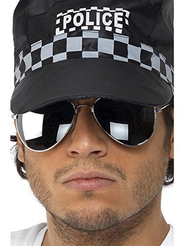 The image depicts a man wearing silver-framed aviator sunglasses and a black police hat. For accessibility purposes, a concise alt text could be: "Man wearing silver aviator sunglasses and a black checkered police hat."