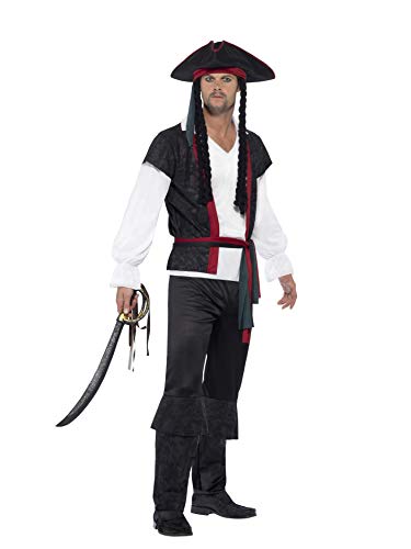 A man wearing a pirate costume with a hat, vest, and toy sword.