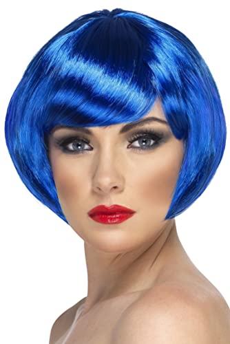 Woman modeling a short, blue bob wig with straight bangs.