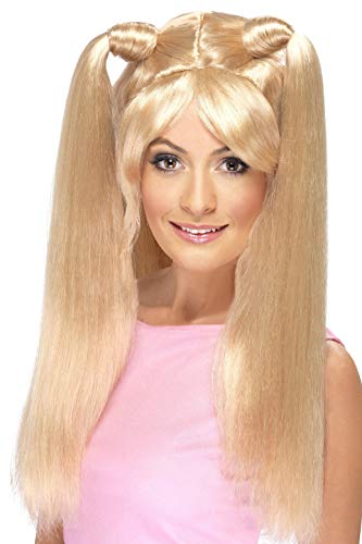 Long blonde wig with bangs and high pigtails on a model.