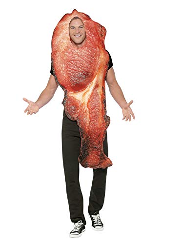 A man wearing a bacon-shaped costume with a cutout for his face.
