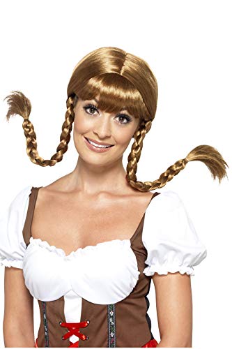 Woman wearing a brown wig with long, plaited pigtails and bangs.