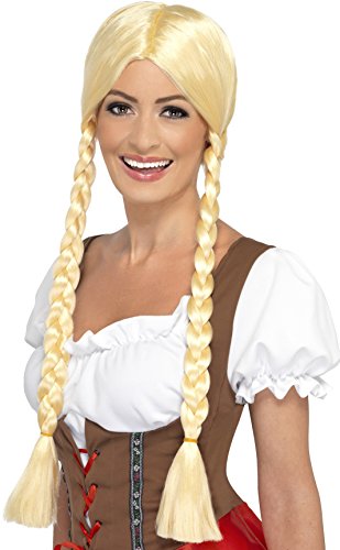 Long blonde wig with braids, worn by a smiling woman.