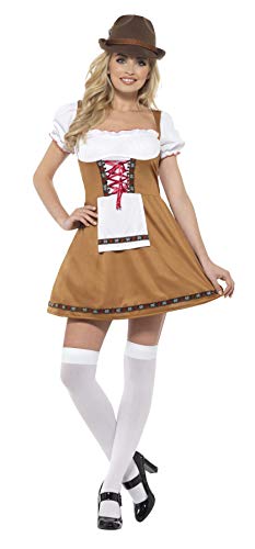 Woman in a brown Bavarian dirndl costume with white apron and hat.