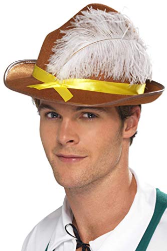 Brown Bavarian hat with white feathers and yellow ribbon, worn by a man.