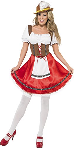 Woman in a red and white Bavarian-style dirndl costume and hat.