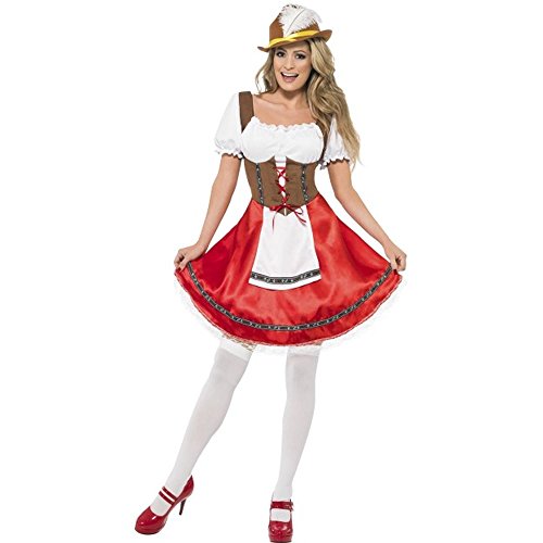 Woman wearing a traditional Bavarian dirndl costume with hat and heels.