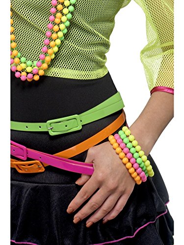 The image shows a person wearing neon beaded bracelets in pink, green, and yellow.