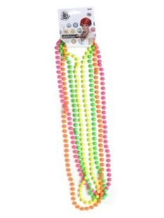 Four strands of colorful, fluorescent plastic bead necklaces worn by a person.