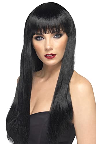Long, straight black wig worn by a woman with makeup.