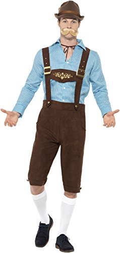 Man wearing traditional Bavarian costume: blue shirt, brown lederhosen, hat, and false mustache.