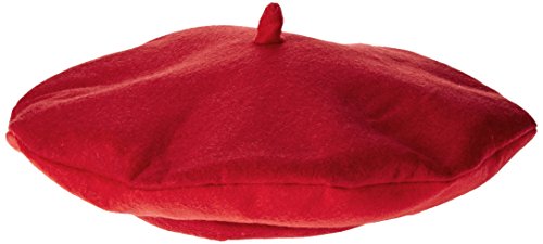Man wearing a red beret and a fake black mustache against a white background.