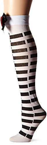 A pair of legs wearing black and white striped stockings with bows and playing card symbols.