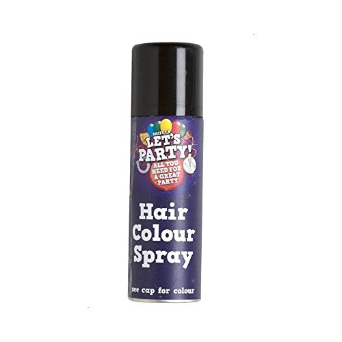 A can of black hair colour spray with a black cap and white label.