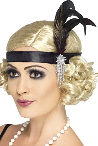 Black satin flapper headband with rhinestones and feathers on a red cardboard packaging.