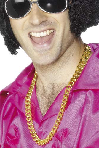 Man wearing a large, gold-tone chain necklace as part of a costume.