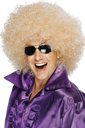 Person wearing a large, blonde afro wig and sunglasses.