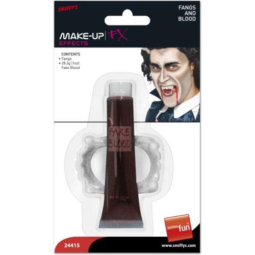 Vampire fangs and fake blood in blister packaging.