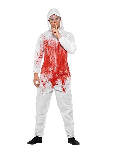 White hooded overall costume with large red splatters, worn by a person.