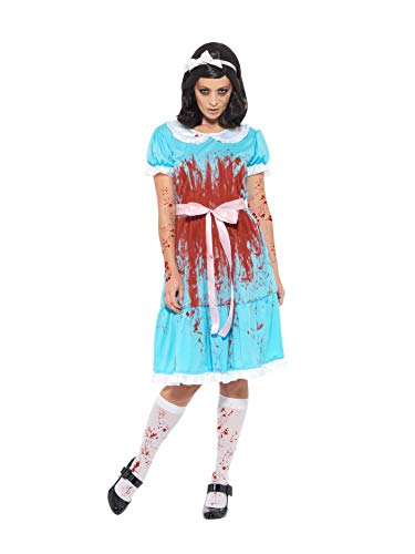 Woman in a bloody, pale blue twin-style dress and knee socks.