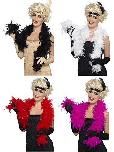 Four people modeling long, colorful feather boas with headbands.