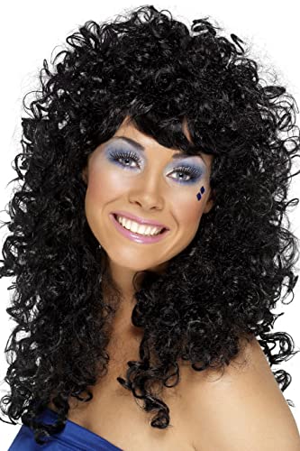 Long, curly black wig worn by a woman with blue eyeshadow and face paint.