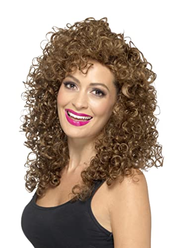 Woman modeling a long, curly, brown wig with bangs.
