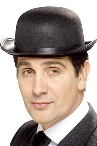 Man wearing a black felt bowler hat with a ribbon band.