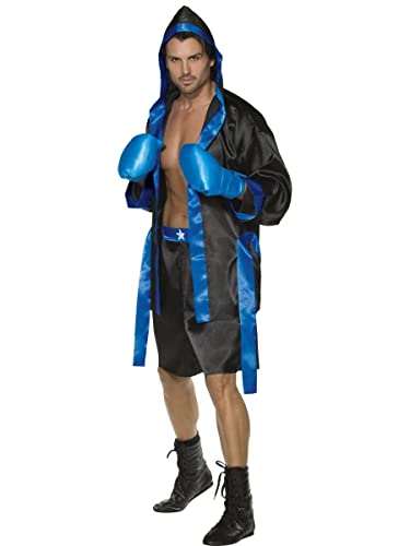 Man wearing a black and blue boxing robe and gloves costume.